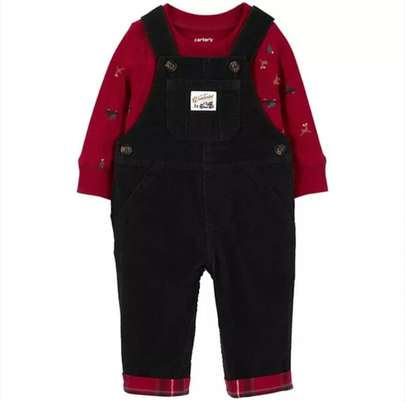 NWT Baby Boy Carter's 2-Piece Christmas print Top and Corduroy Overall Set 3M - Picture 1 of 4